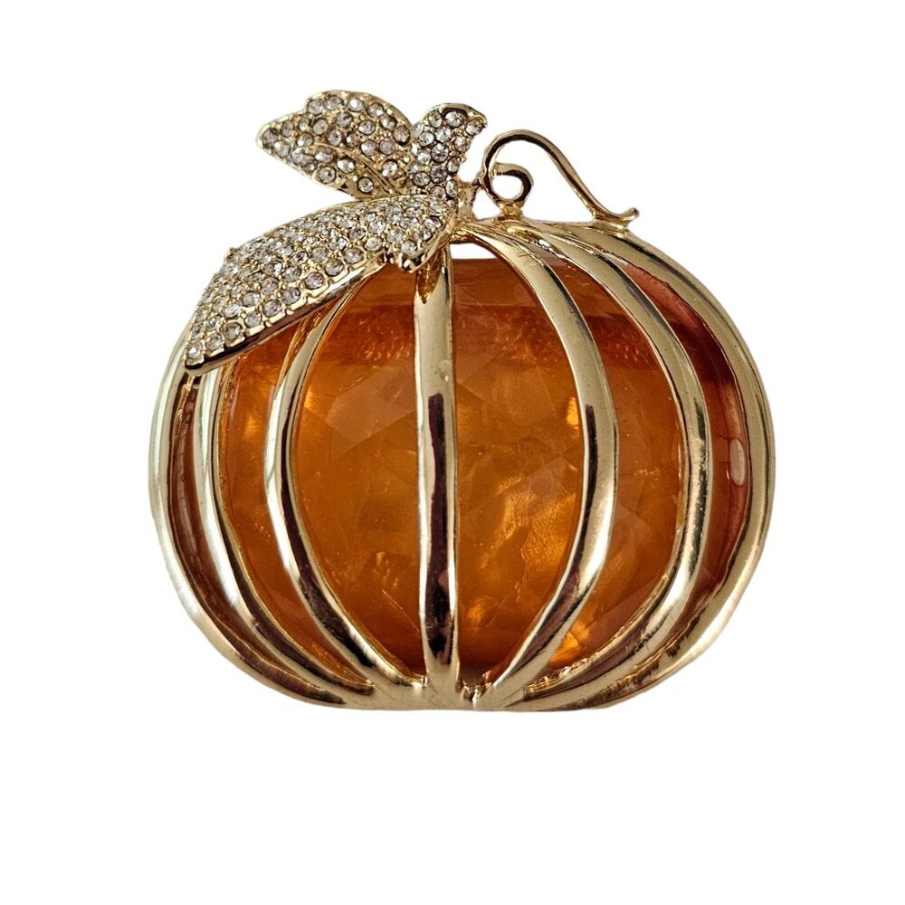 Napier Gold-Tone Caged Orange Resin Pumpkin Rhinestone Leaf Brooch Signed, L98 - Picture 2 of 8